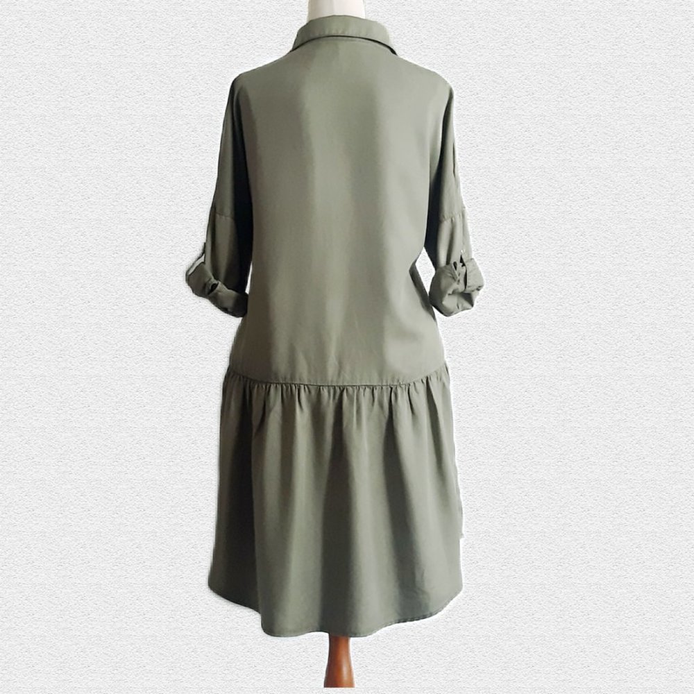 Zara Olive Green Denim Shirt Dress - Size M - Picture 2 of 7